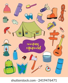 Camping colorful icon collection. Camping concept doodle illustrations collection. Doodle camp illustrations set. Camp equipments colorful doodle illustration set