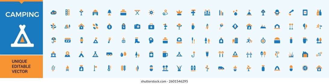 Camping colorful icon set. Includes flat solid symbols hiking, forest, tourism, camp, fishing and more. Icons for website. Camp simple icon. Vector artwork and illustration.
