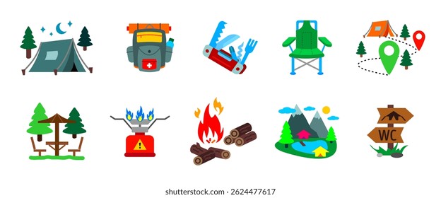 Camping colorful icon set. Outdoor activity symbols including tent, campfire, backpack, chair and tools. Forest adventure and nature exploration symbol. Travel sign. Hiking and campsite pictogram.