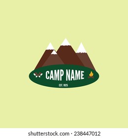 Camping colorful logo. Mountain, bonfire and crossed axes. Labels and badges. Tree.Travel emblems. 