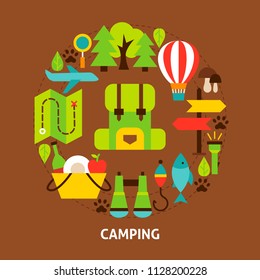 Camping Colorful Postcard. Poster Design Vector Illustration. Collection of Camp Objects.