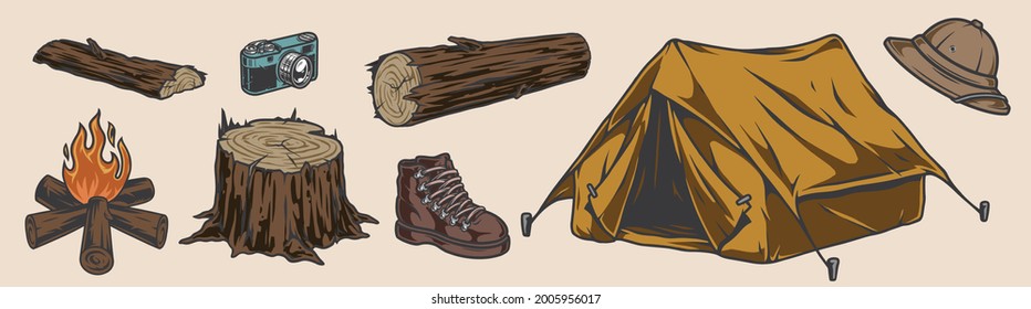 Camping colorful vintage elements concept with tourist tent campfire wooden stump logs retro camera safari hat and male boot isolated vector illustration