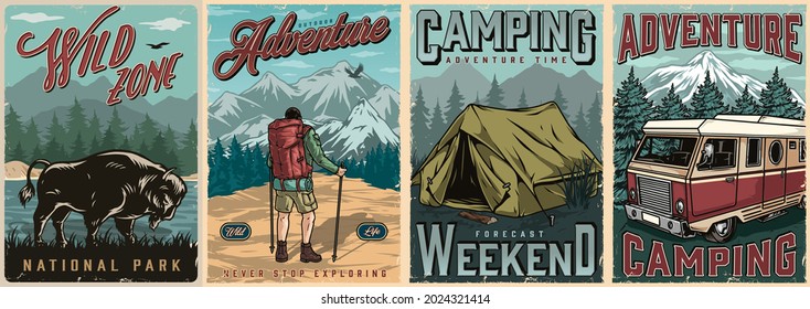 Camping colorful vintage posters with bison motorhome tourist tent man hiker with trekking poles and backpack on nature landscapes vector illustration