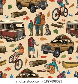 Camping colorful vintage seamless pattern with motorhome travel car wooden logs leaves canoe campers family hikers with trekking poles and binoculars tourists riding bicycles vector illustration
