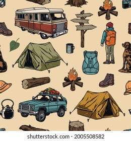 Camping Colorful Vintage Seamless Pattern With Travel Bus And Car Wooden Stump Log Tent Campfire Signpost Backpack Kettle Male Boot Camera Cup Safari Hat Boy Camper Dog Vector Illustration