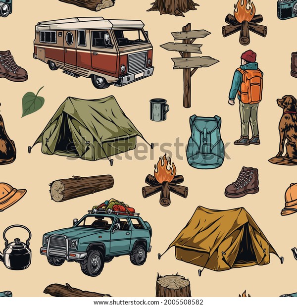 Camping\
colorful vintage seamless pattern with travel bus and car wooden\
stump log tent campfire signpost backpack kettle male boot camera\
cup safari hat boy camper dog vector\
illustration