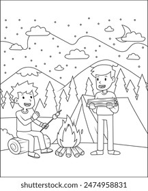 Camping Coloring book page illustration