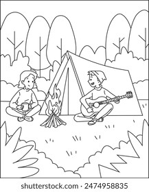 Camping Coloring book page illustration