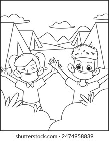 Camping Coloring book page illustration