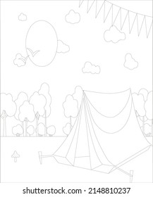 Camping coloring book page for kids and adults