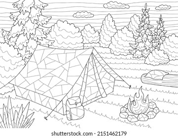 Camping-Malerei auf Schwarz-Weiß-Landschaftsskizze, Vektorgrafik