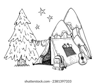 Camping coloring page. Hiking in mountains with tent. Hand drawn illustration.