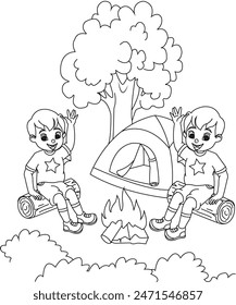 camping coloring page for kids and adults. Illustration
