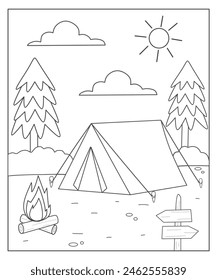 Página para colorear de camping para niños, Camping en blanco y negro, actividades de verano para niños, Hoja de cálculo de camping 