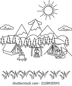 camping coloring page on wood