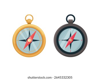 Camping compass, Forest travel. Flat vector clipart, illustration with isolated background.