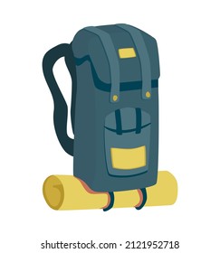 Camping composition with isolated image of backpack with rolled sleeping mat on blank background vector illustration