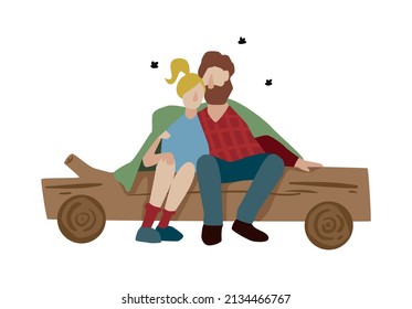Camping composition with isolated view of loving couple sitting on tree trunk surrounded by insects vector illustration