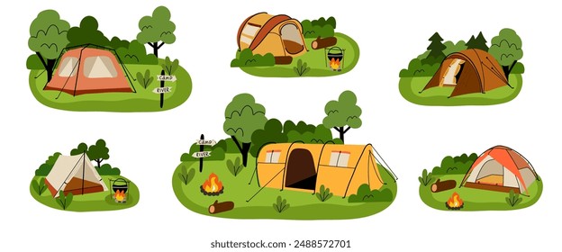 Camping composition. Landscape with trees and bushes. Camp tent and bonfire. Tourist campsite, outdoor adventure, campground in forest. Hiking tourism. Summer vacation vector cartoon flat illustration