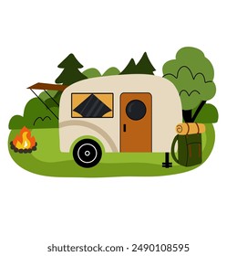 Camping composition. Landscape with trees and bushes. Camp trailer and bonfire. Tourist campsite, outdoor adventure in forest. Hiking tourism summer vacation vector cartoon flat illustration