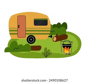 Camping composition. Landscape with trees and bushes. Camp trailer and bonfire. Tourist campsite, outdoor adventure in forest. Hiking tourism summer vacation vector cartoon flat illustration