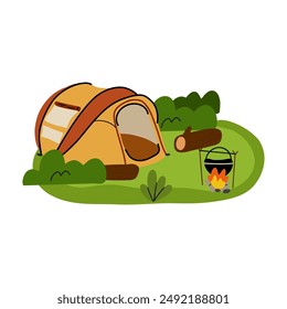 Camping composition. Landscape with trees and bushes. Camp tent and bonfire. Tourist campsite, outdoor adventure, campground in forest. Hiking tourism. Summer vacation vector cartoon flat illustration