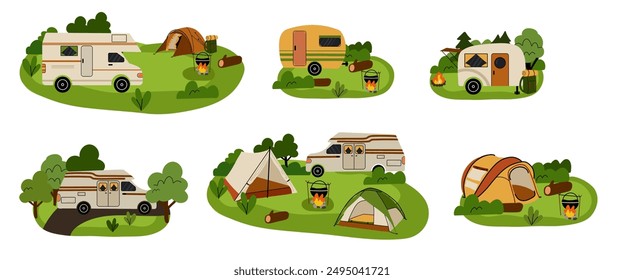 Campingkomposition. Landschaft mit Bäumen und Büschen. Lagerzelt und Lagerfeuer, Auto und Transporter. Touristischer Campingplatz, Outdoor-Abenteuer im Wald. Wandertourismus Sommerurlaub Vektorgrafik Cartoon flache Illustration