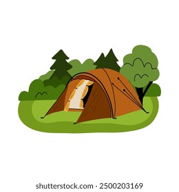 Camping composition. Landscape with trees and bushes. Camp tent and bonfire. Tourist campsite, outdoor adventure, campground in forest. Hiking tourism. Summer vacation vector cartoon flat illustration
