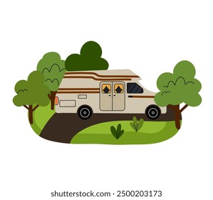 Camping composition. Landscape with trees and bushes. Camp car or van on road. Tourist campsite, outdoor adventure in forest. Hiking tourism summer vacation vector cartoon flat illustration