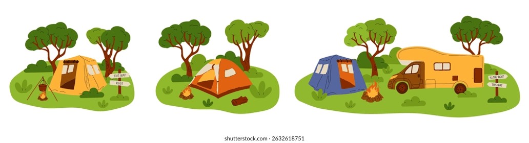 Camping composition. Landscape with trees and bushes. Camp tent and bonfire, car and van. Tourist campsite, outdoor adventure in forest. Hiking tourism summer vacation vector cartoon flat illustration