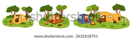 Camping composition. Landscape with trees and bushes. Camp tent and bonfire, car and van. Tourist campsite, outdoor adventure in forest. Hiking tourism summer vacation vector cartoon flat illustration