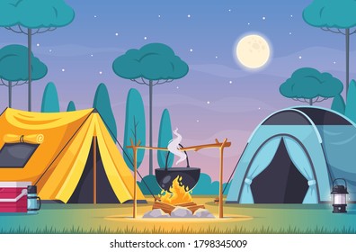 Camping composition with two tents fire cool box on background with trees and night sky cartoon vector illustration