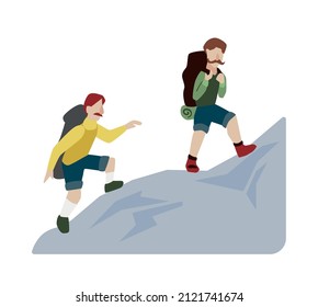 Camping composition with view of two male characters hiking on mountain on blank background vector illustration