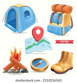 Camping concept 3D illustration. Icon composition with tourist bag, campfire, tourist boots, tourist tent, compass, map. Rest in the mountains and forest. Vector illustration for modern web design.