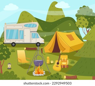 Camping concept art. Flat style illustration of beautiful landscape, mountains, forest, tent, and a campfire. Design for banner, poster, website, emblem, logo and others.