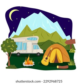 Camping concept art. Flat style illustration of beautiful landscape, mountains, forest, tent, and a campfire. Design for banner, poster, website, emblem, logo and others.