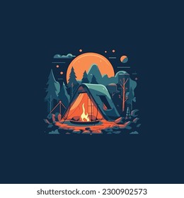 Camping Concept Art. Flaches Beispiel von Campfire. Logo einfach, modern und flach