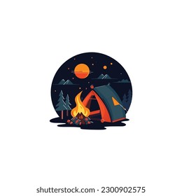 Camping concept art. Flat style illustration of campfire. logo simple modern flat color