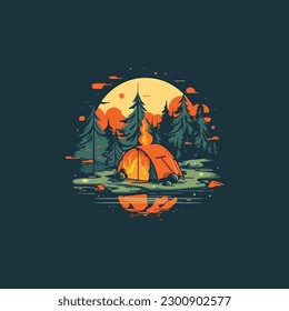 Camping concept art. Flat style illustration of campfire. logo simple modern flat color