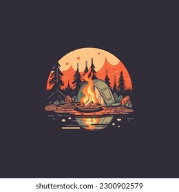 Camping concept art. Flat style illustration of campfire. logo simple modern flat color