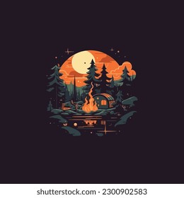 Camping concept art. Flat style illustration of campfire. logo simple modern flat color