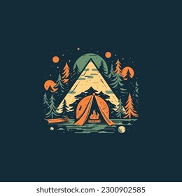 Camping concept art. Flat style illustration of campfire. logo simple modern flat color