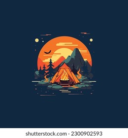 Arte conceptual de camping. Ilustración de fogata de estilo plano. logotipo sencillo color plano