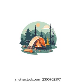 Camping Concept Art. Flaches Beispiel von Campfire. Logo einfach, modern und flach