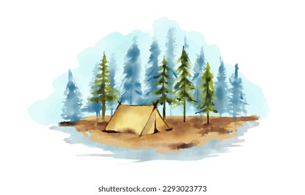 Camping concept art. watercolor illustration of beautiful landscape