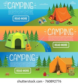 Camping concept. Colored three different horizontal banner, summer camping graphic poster vector illustration flat design