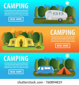 Camping concept. Colored three different horizontal banner, summer camping graphic poster vector illustration flat design