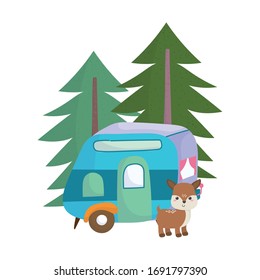 concepto de camping con ciervo lindo, remolque, árboles caricatura forestal aislado diseño gráfico vectorial