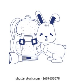 camping concept. cute rabbit and backpack with flashlight cartoon isolated icon design vector illustration line style