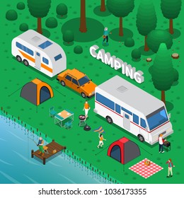 Camping concept with fishing trailer and family symbols isometric vector illustration
